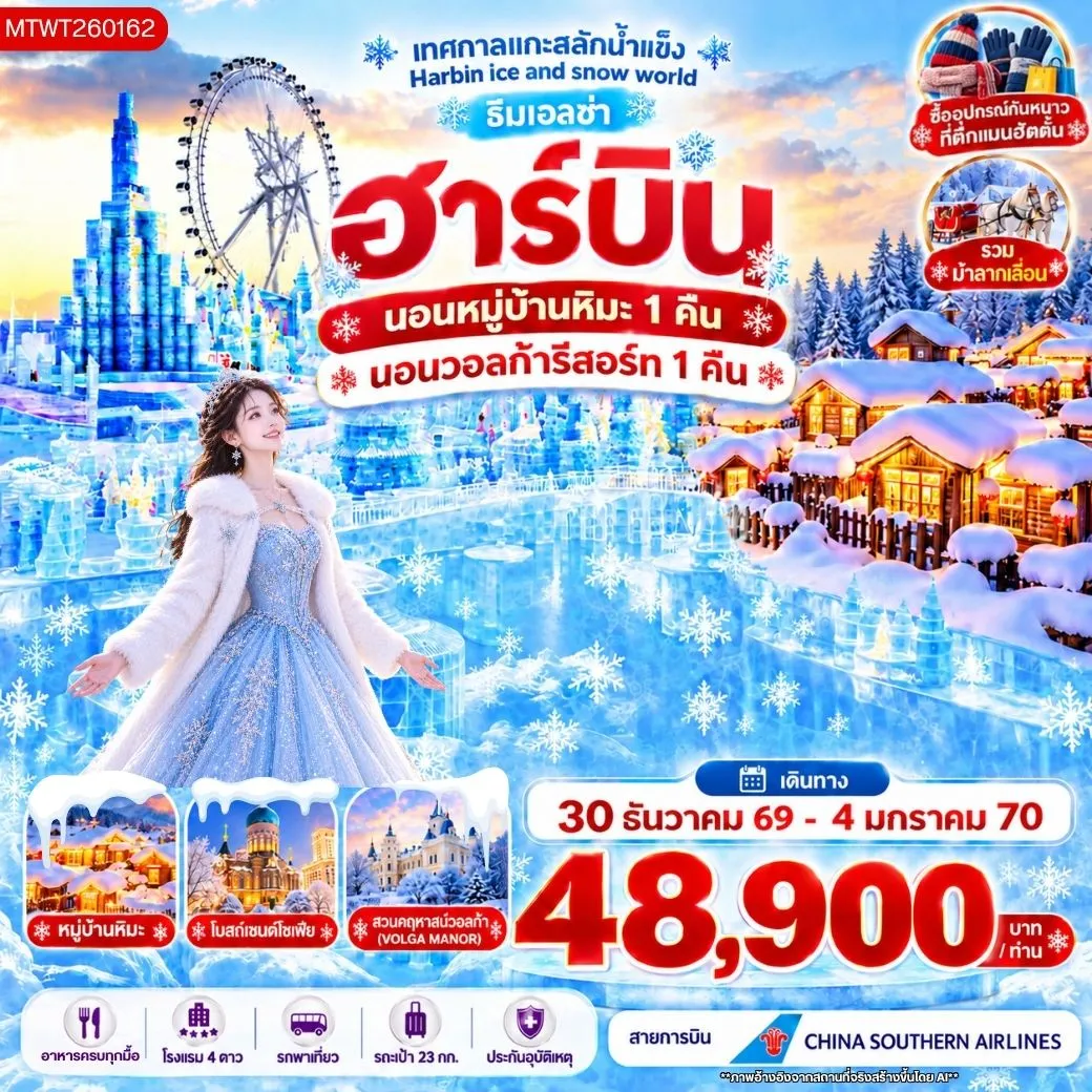 ทัวร์จีน ฮาร์บิน นอนในหมู่บ้านหิมะ 1 คืน นอนในวอลก้ารีสอร์ 1 คืน รวมบัตรแกะสลักน้ำแข็ง Harbin ice and snow world ธีมเอลซ่า 6วัน 5คืน (CZ)